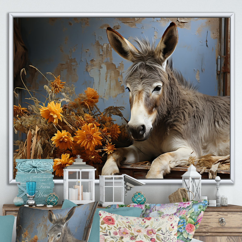 Farmhouse Donkeys Flower Charm I - âne, art mural, Cadre flottant blanc, H 34 po x l 44 po x P 1,5 po
