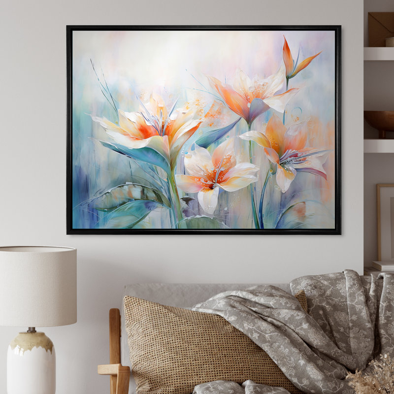 Oiseaux de paradis beige et orange sur toile, Cadre flottant noir, H 34 po x l 44 po x P 1,5 po