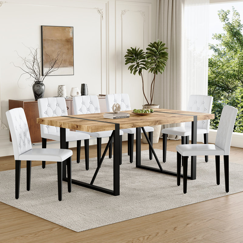 Modern Rectangular Dining Table Set For 6| 71″ Wood & Metal Table With Chairs, Dark Wood, White, 7 Pieces: Table, 6 Chairs