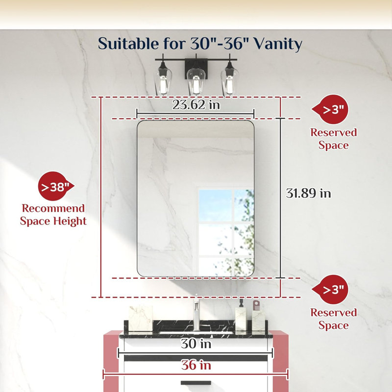Armoire à pharmacie en nickel brossé pour salle de bain avec miroir, cadre en acier inoxydable, tablettes réglables, encastré ou mural, conception rectangulaire arrondie, fabrication durable