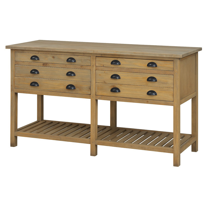 Buffet à double baie de 61 po Sunset Trading Cottage | Tablettes | Bois flotté brun | Bois d'acajou massif | Console