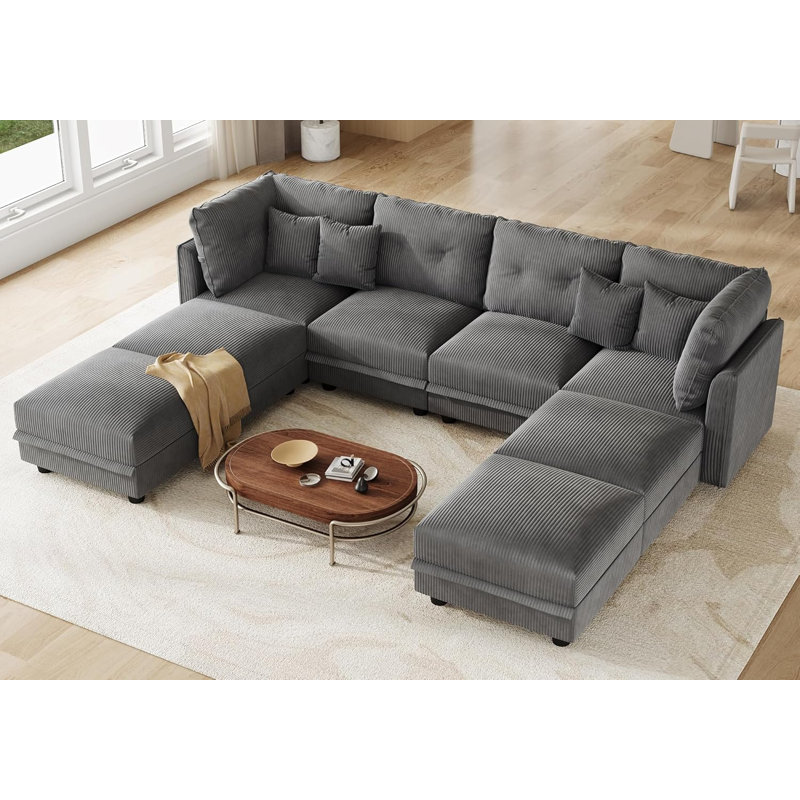 Degennaro 8 Seat Corduroy Convertible Modular Sectional Sofa With Storage, Gray Corduroy