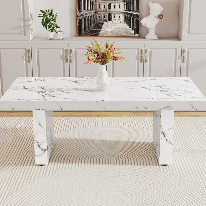 Table de salle à manger blanche avec motif de marbre luxueux, pouvant accueillir 8 à 10 personnes, repas de famille polyvalents et travail, 78,7 * 39,4 * 29,9 po, 3,5 po d'épaisseur, coins lisses, s'adapte au patio du restaurant