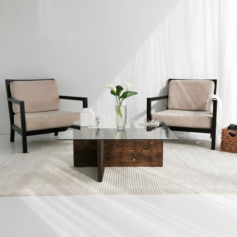 Modern Coffee Table with 100% Tempered Glass, Walnut Finish, 35.4 x 13.8 x 35.4 inches | 6 mm Glass Thickness & 100% Pine Solid Wood Frame | Elegant Design, Perfect for Living Room or Lounge Area