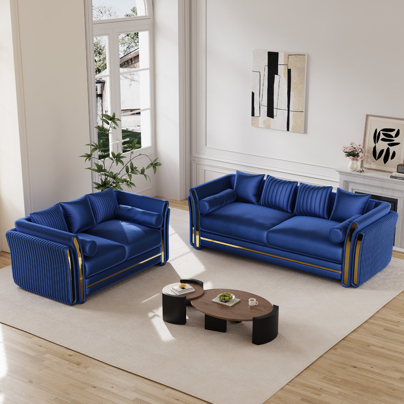  Ensemble de canapé en velours 2 pièces avec accoudoirs décoratifs dorés à deux couches, Bleu
