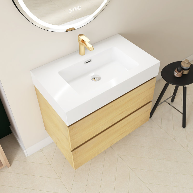 Louka 29.9 " W Wall Mounted 1 Single Vanity Bathroom Vanity With Quartz Top, White, Oak
