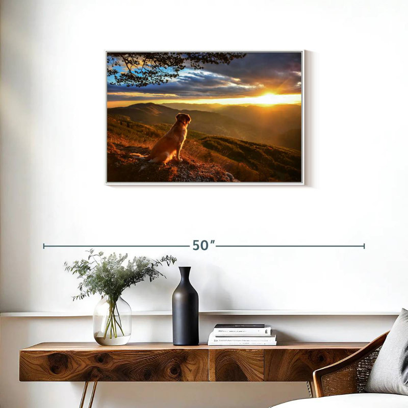 Chien regardant le lever du soleil, Cadre flottant blanc, 31 po x 21 po
