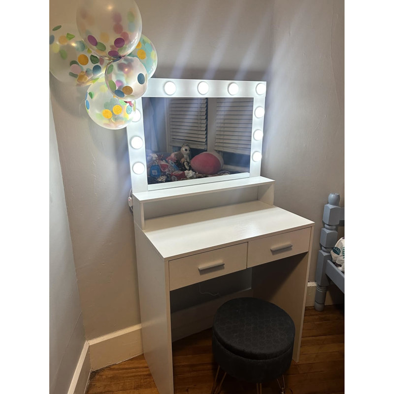 Meuble-lavabo blanc avec lumières, miroir et rangement à 2 niveaux, grand tiroir - meuble de rangement pour chambre à coucher, tiroir contemporain