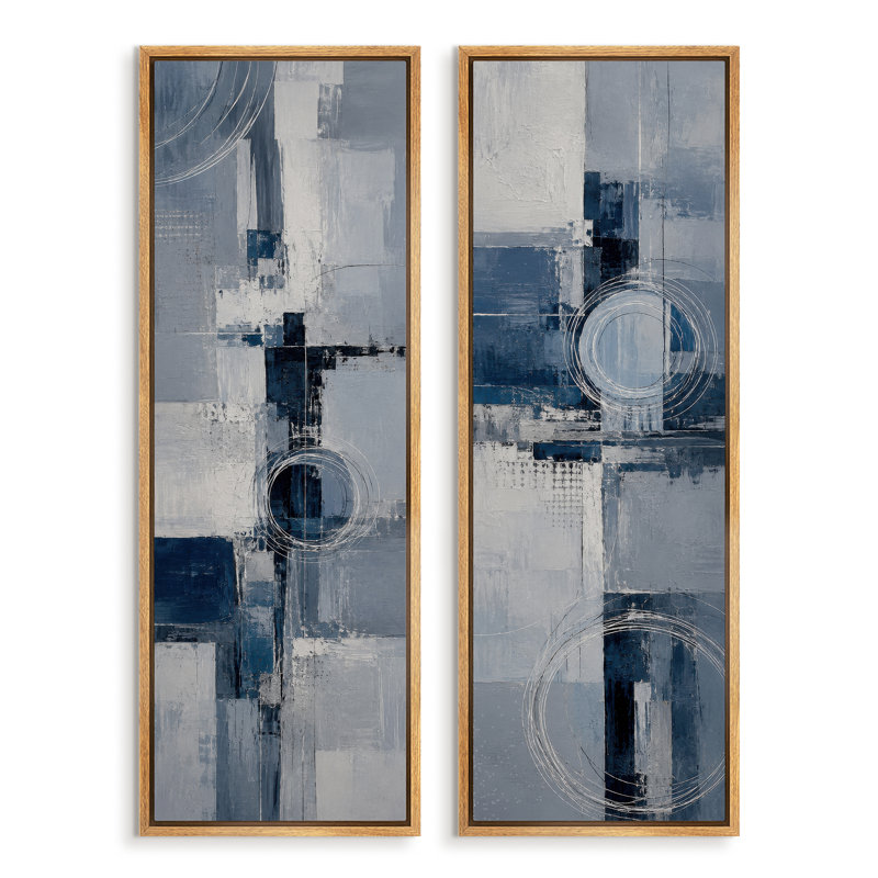 Motif géométrique abstrait à cercles bleu marine et gris – Ensemble de 2 impressions sur toile encadrées 60" x 20" x 2
