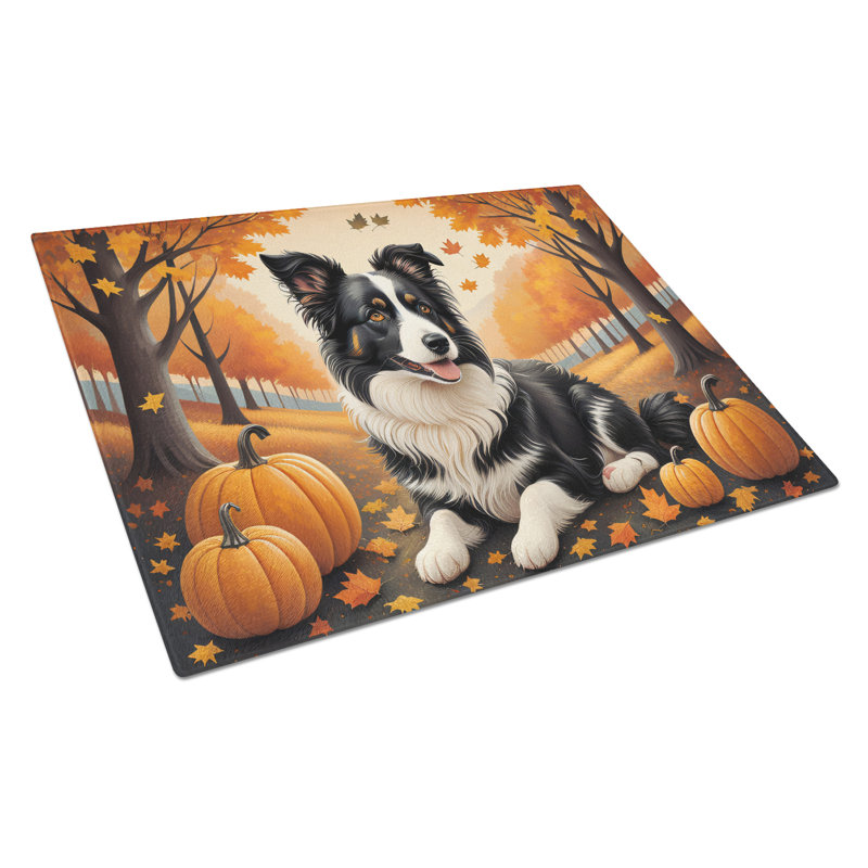 Border Collie Fall Glass Cutting Board Large