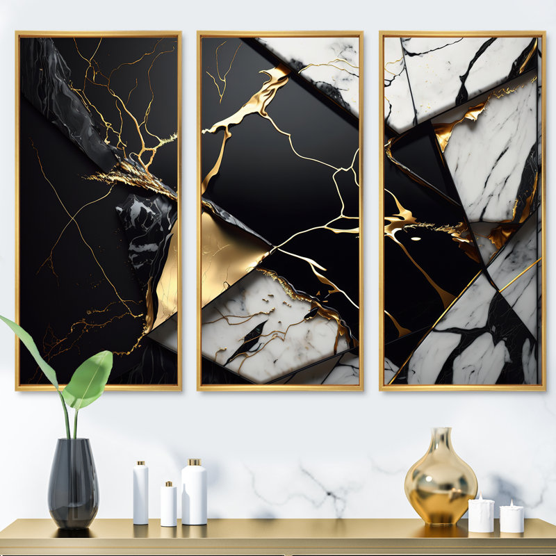 «Abstract Geode Gold IV», reproduction sur toile flottante 3 pièces, Or, H 32 po x l 48 po x P 1 po