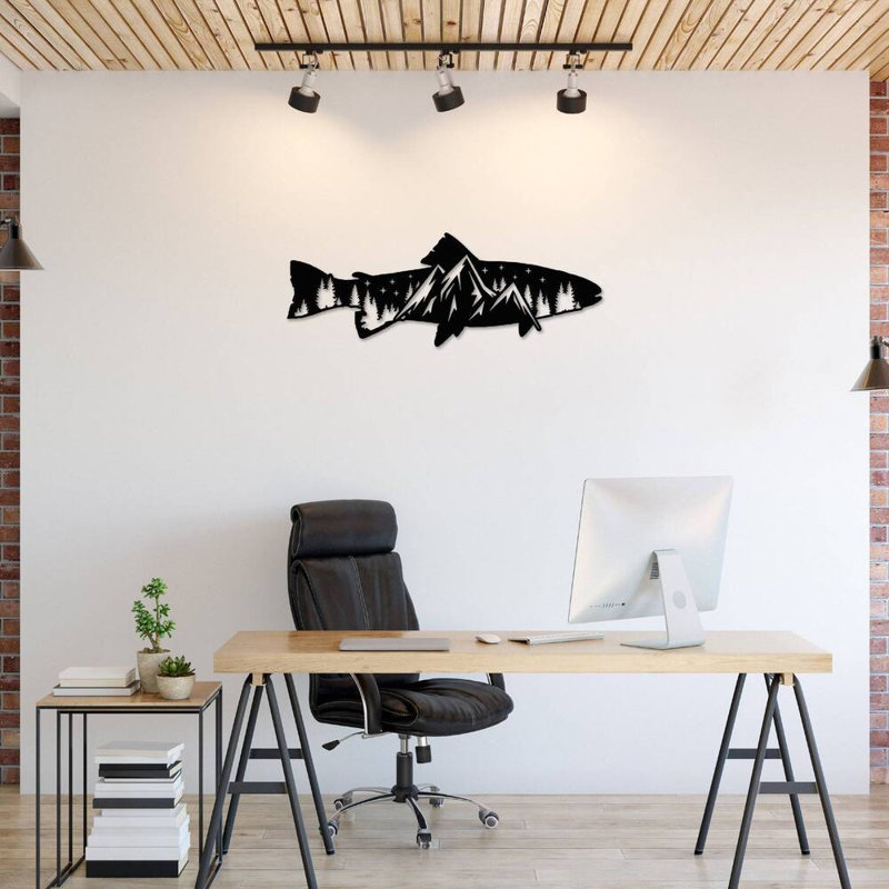 Art mural alternatif en métal Trout Fish Design, H 16 po x l 48 po x P 0,12 po, Blanc
