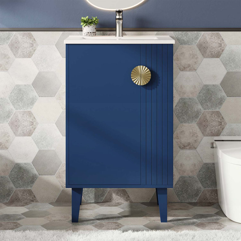 Ensemble de meuble-lavabo simple autoportant, poignées chic en demi-lune, Bleu