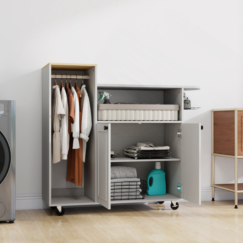Chariot à repasser avec planche à repasser roulante, armoire à repasser polyvalente avec roulettes et tablette réglable, solution de repassage compacte pour la salle de lavage, la chambre à coucher, le vestiaire