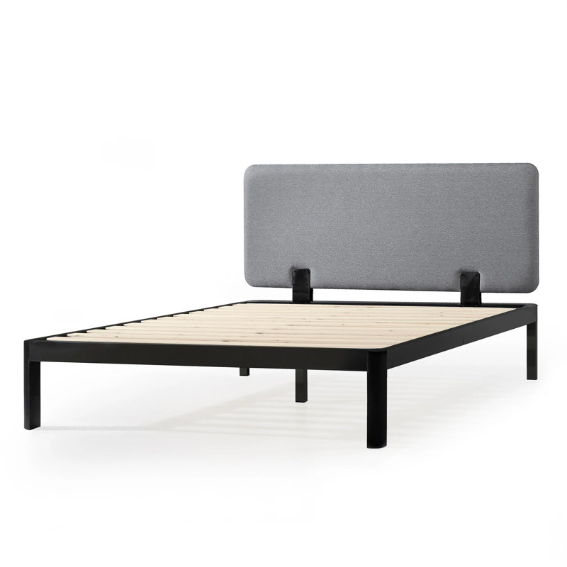 Base de lit plateforme en métal et bois avec tête de lit tapissier, Gris + noir, Lit double