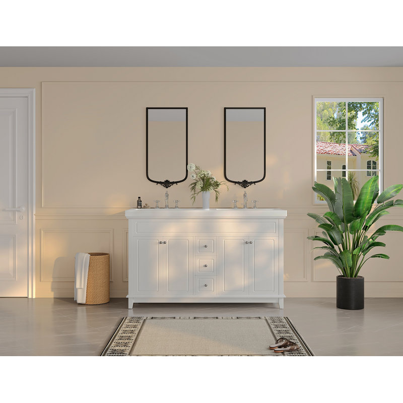 [Vidéo] Meuble-lavabo de 60 po avec lavabos doubles en résine, 3 tiroirs et 4 portes (2 avec tablettes à double couche), pieds en bois massif, tous à fermeture en douceur, blanc