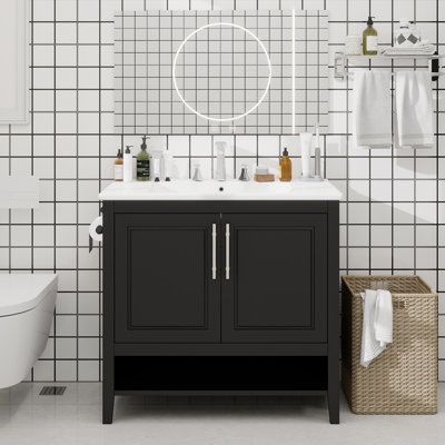 36" Bathroom Vanity With Sink, Multi-Functional Bathroom Cabinet With Doors And Drawers, MDF Frame And MDF Board, Black