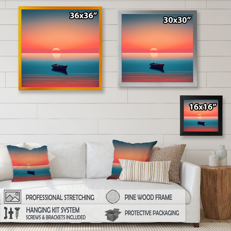 Patton Minimalistic Sunset pendant la pleine lune V - reproduction sur toile, L 16 po x H 16 po, Cadre photo noir