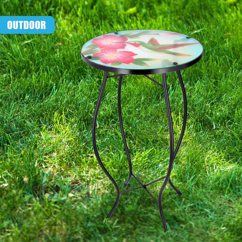 Mosaic Garden Table Weatherproof Glass & Iron, Small Round Outdoor Patio Coffee Versatile Bistro Side Table Plant Stand for Home & Gift, 30.5 cm, Garden Tables Only