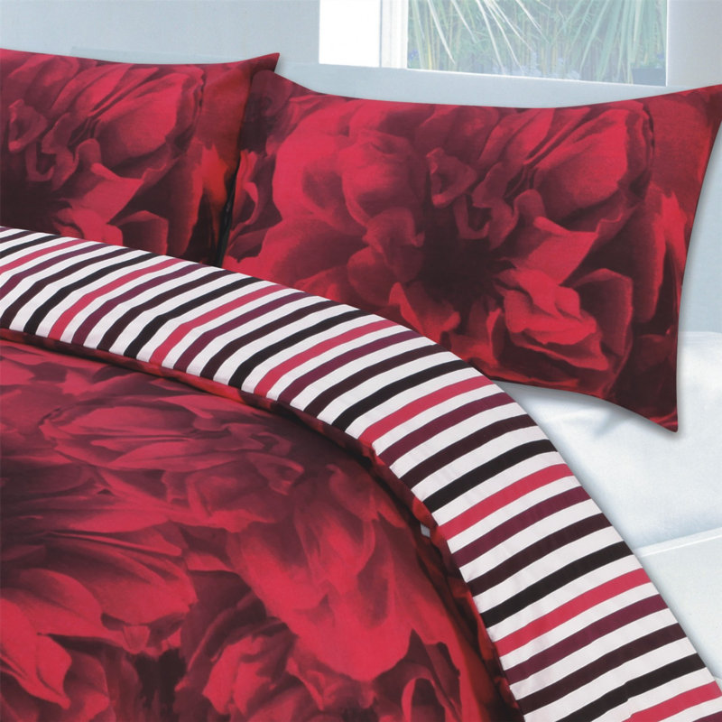 Cotton Blend Floral Duvet Cover Set with Pillowcases Included, Red, Kingsize + 2 Standard Pillowcases