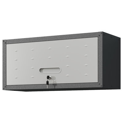 Bizoe 29.5 Inch Wall Mounted Metal Tool Storage Cabinet with Flip Up Door, Gas Strut Locking Cabinet with Diamond Stamped Steel, Heavy Duty Garage Storage for Workshop, Black and Gray