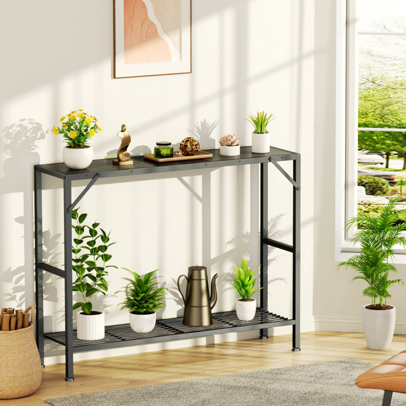 Oak Gray Narrow Console Table with Metal Frame and Storage Shelves