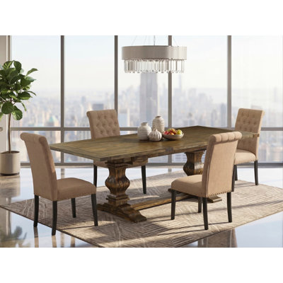 5 Piece Dining Table Set Includes a Rectangle Wooden Table with Removable Leaf and 4 Light Sable Linen Fabric Upholstered Chairs, Jacobean