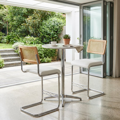 Modern Rattan and Solid Wood Bar Stool Set with Chrome Legs and Upholstery - Two-Piece Counter Height Seating