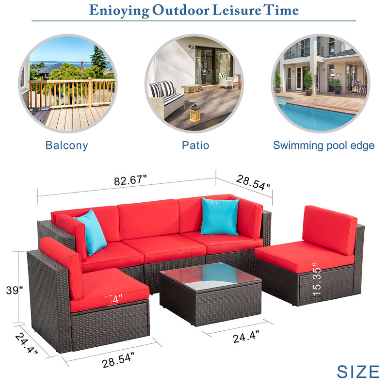 Arlynne Wicker 5 - Person Modular Patio Conversation Sets with Cushions, Red
