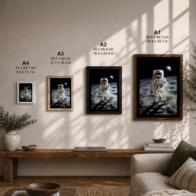 Astronaut On The Moon Modern - Print, Walnut, A4 - 29.7 x 21.0 cm