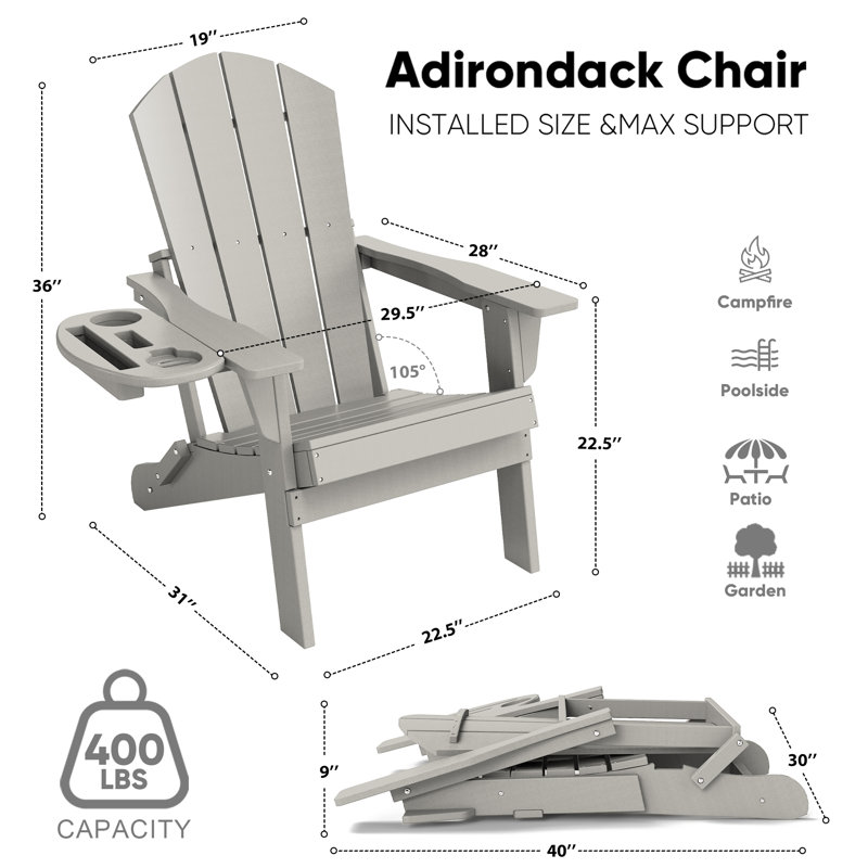 HDPE  Folding Adirondack Chair  with Cup Holder Weather-Resistant, White Gray