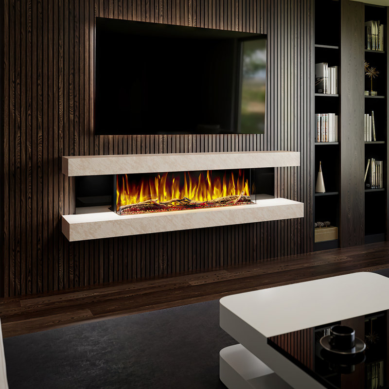 Vegas 72-Inch Wall Mounted Electric Fireplace | Venetian Stone | Fully Assembled | 3-Sided Panoramic Flame | Remote Control | Led Side Lights