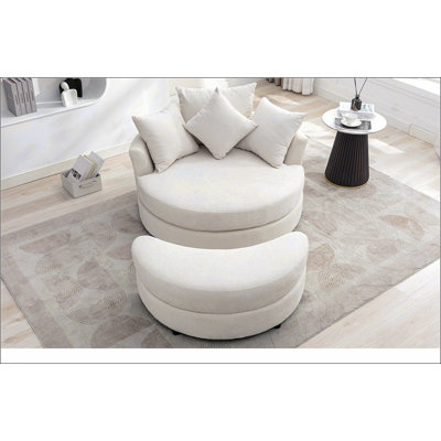360° Swivel Accent Barrel Chair with Storage Ottoman & 4 Pillows, Modern ille Leisure Chair for Living Room, Cream