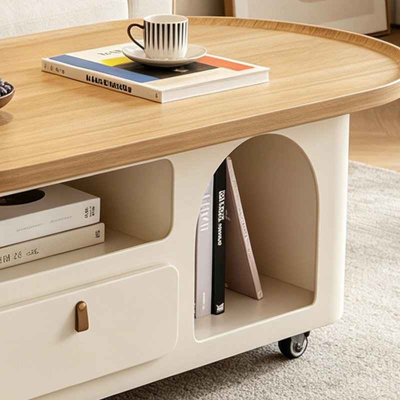 Simple Movable Wood Coffee Table Storage Drawers, 16.53" H x 47.24" L x 23.62" W, Brown/White