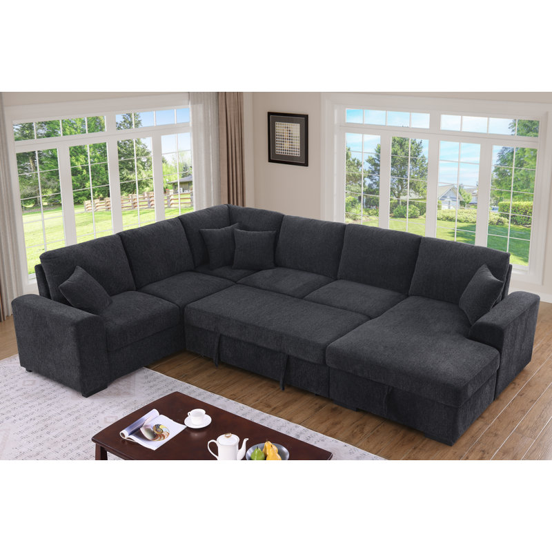 Canapé-lit modulaire en forme de U de 132 po en chenille avec lit coulissant, méridienne de rangement, console avec porte-gobelet rabattable et ports de charge USB Type-C