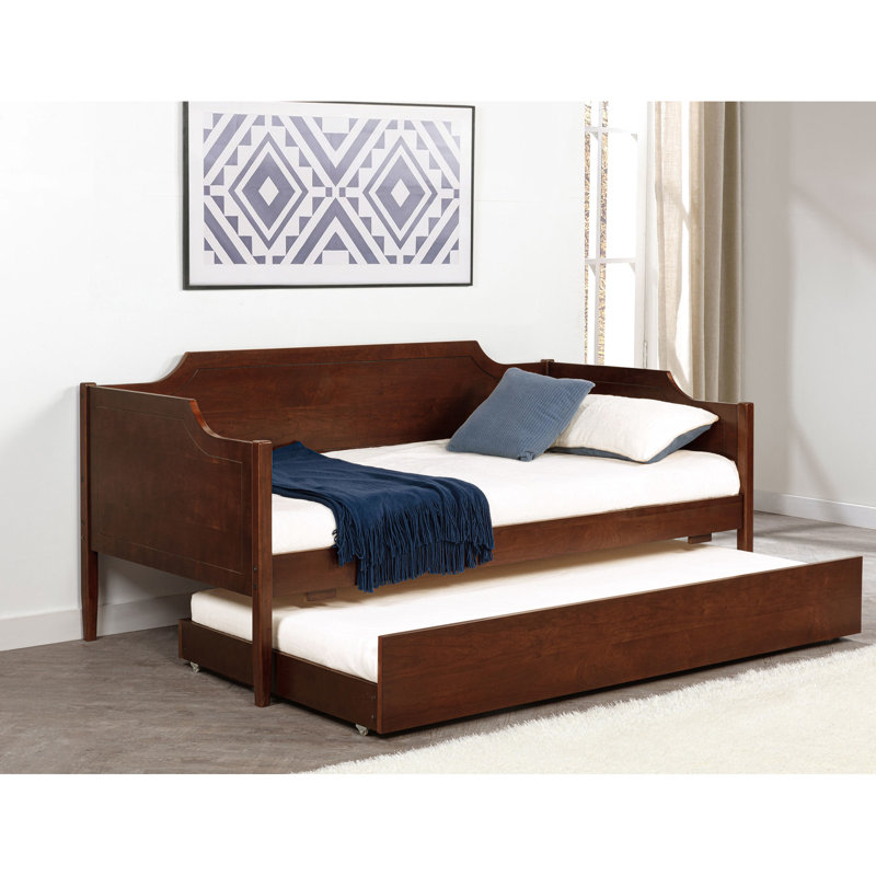 Lit de jour simple avec couchette, fini cerisier, design classique moderne, bois d'ingénierie et placage, roulettes pour plus d'espace
