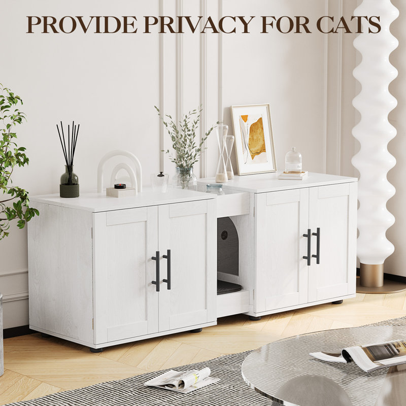 Enceinte de litière pour chat 55 po en bois pour 2 chats, armoire cachée à double compartiment avec tablette à gratter et rangement, mobilier pour chat blanc