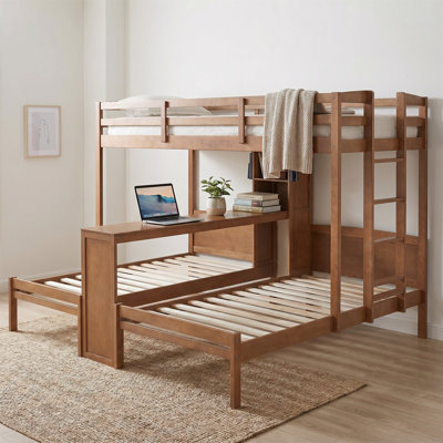 Twin Bunk Bed In A Double Size With A Built-in Desk, Storage Shelves, And A Reading Lamp,