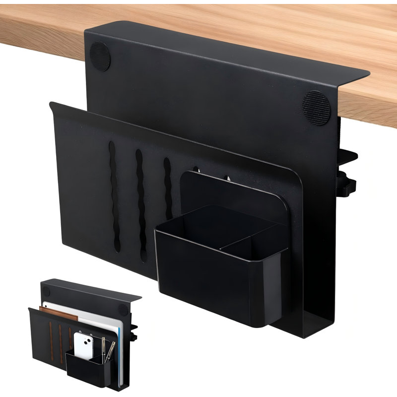 Rangement latéral pour bureau, organisateur de bureau latéral en acier, support pour ordinateur portable sans perceuse, fixation pour ordinateur portable à pince avec porte-stylo, rangement suspendu pour bureau à domicile, convient aux tables à rebords plats de 0,3 po à 2,8 po