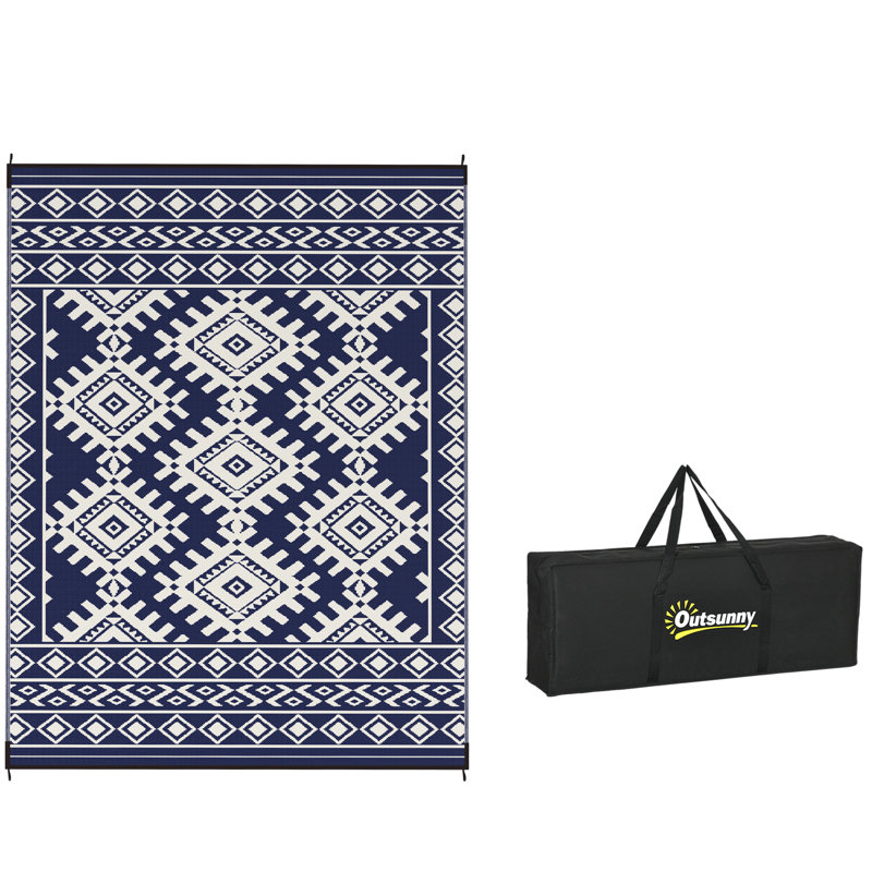 Reversible Outdoor Rug, 9' x 12' Waterproof Plastic Straw Floor Mat, Portable RV Camping Area Rug, Large Floor Mat for Backyard, Deck, Picnic, Beach, Blue & White Rhombus Border