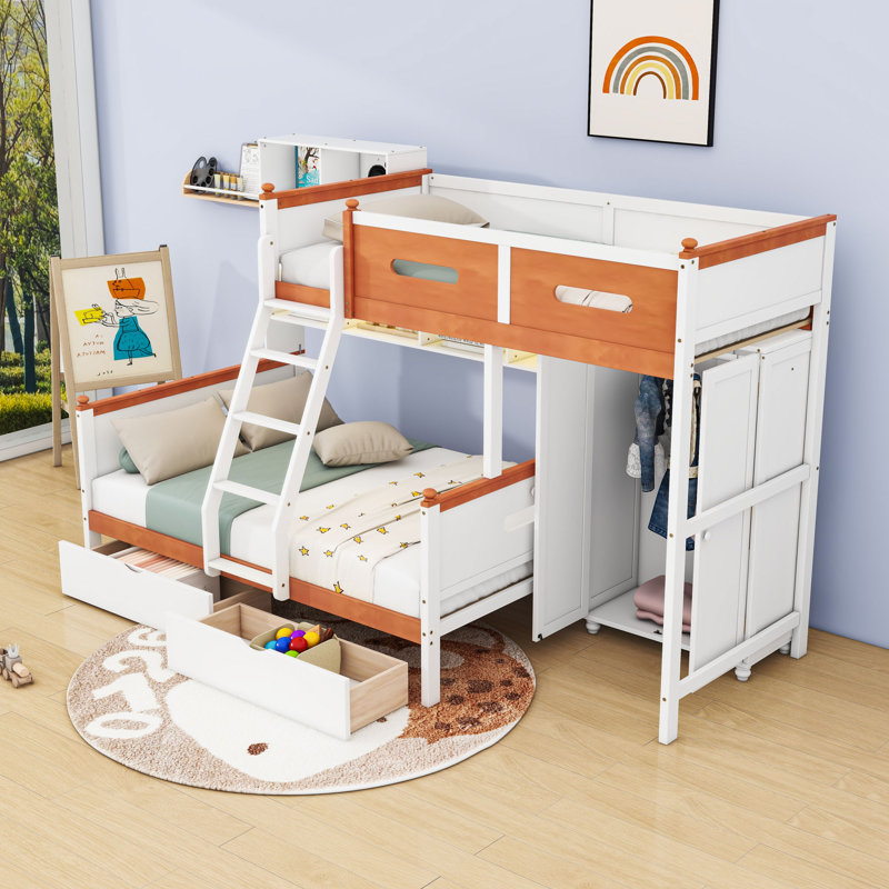 Lit superposé simple au-dessus d'un lit double en bois avec tablettes à DEL intégrées et tiroirs