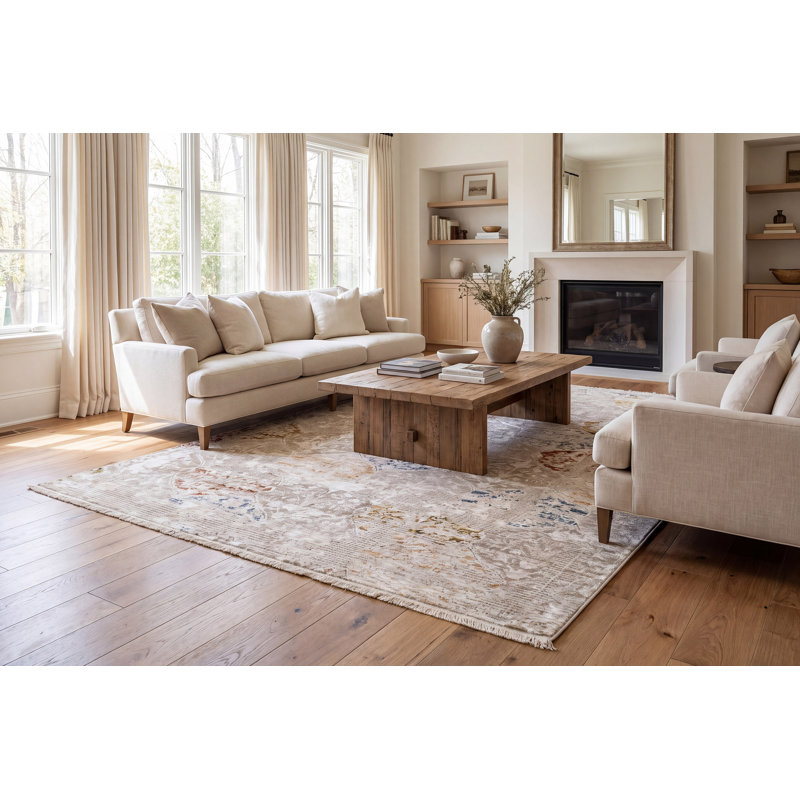 Tapis oriental en polyester tissé à la machine en beige, Rectangle 9 pi x 12 pi
