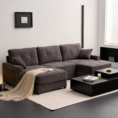 112" U-Shaped Sectional Sofa Couch, Waffle Fabric Deep Seat Sofa with Ottoman, Spring Cushion Modular Couch for Living Room, Dark Gray
