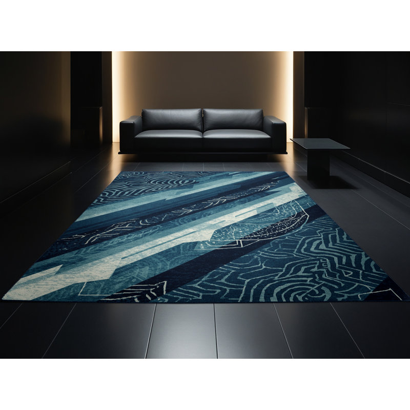 Tapis géométrique bleu et bleu marine délavé à la machine Joyce Enlil, 3 x 5