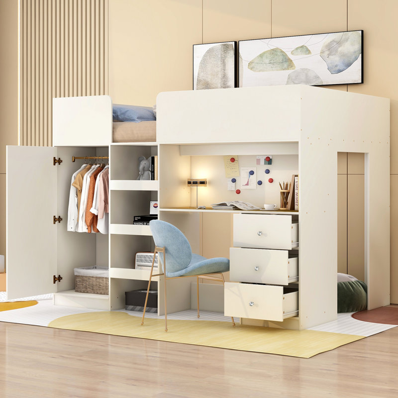 Lit mezzanine en bois avec garde-robe intégré, Beige
