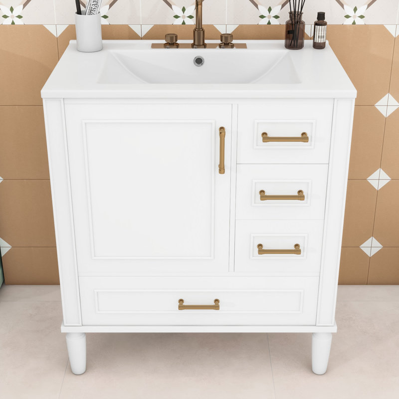 Meuble-lavabo simple autoportant en bois Fetush Modern avec lavabo en céramique et grand rangement, Blanc