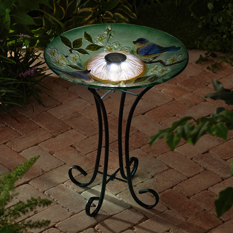  Solar LED Floral Glass Bird Bath with Stand - Blue Bird & Peach Blossom