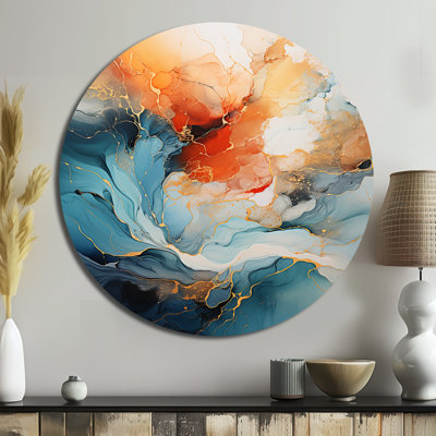 Cindie Teal Orange Bold Abstract Flow Collage II - Abstract Round Metal Art