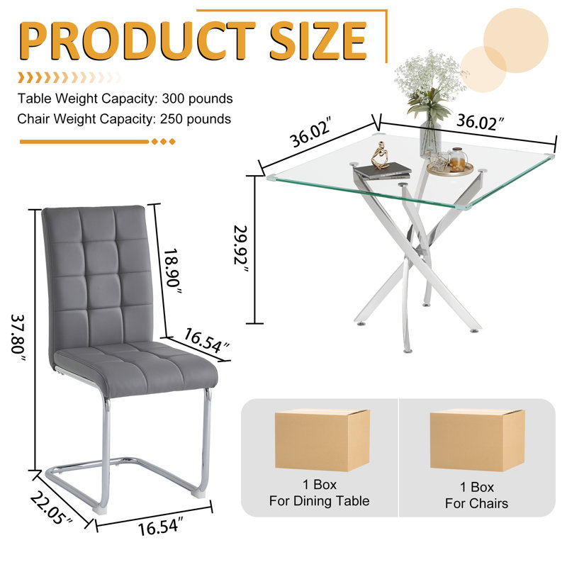 5- Piece Dining Table Set,Glass Top Metal Base Dining Tablewith 4 Faux Leather Dining Chairs, Silver, Gray/Silver