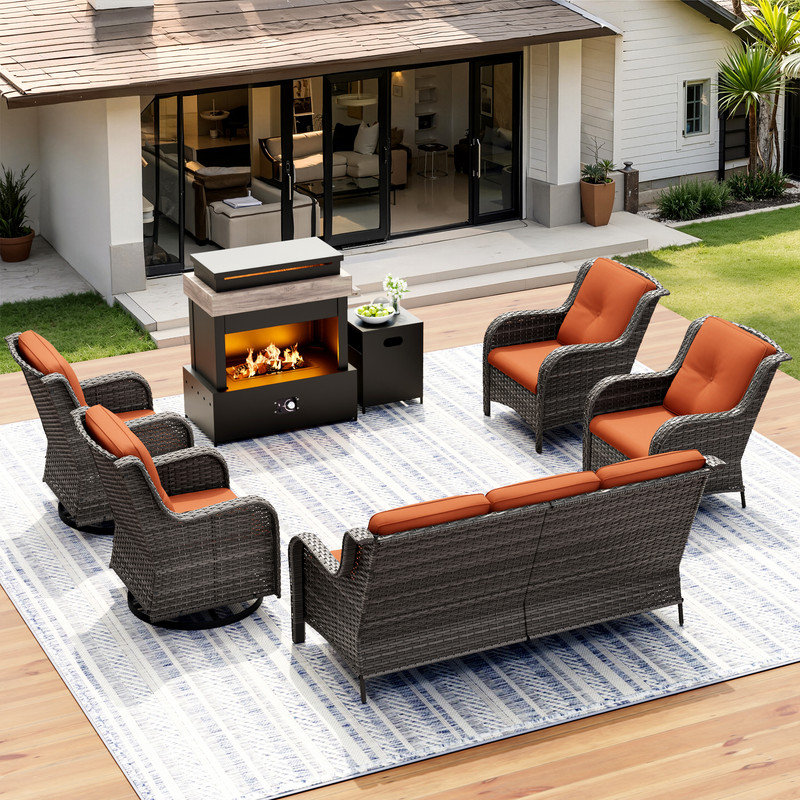 7-Person Outdoor Patio Conversation Rattan Seating Group With 5000BTU Fireplace,4 Chairs and Orange Cushions, Orange